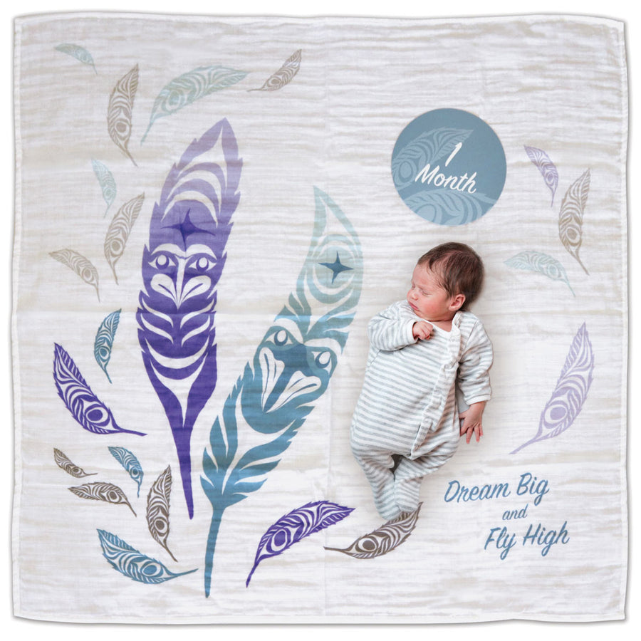 Baby Swaddle Blanket and Milestone Set - Feathers